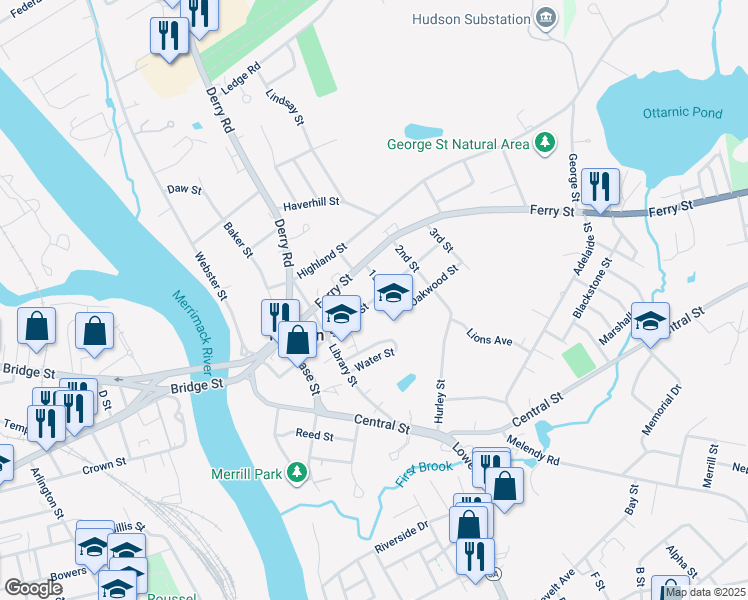 map of restaurants, bars, coffee shops, grocery stores, and more near 33 School Street in Hudson