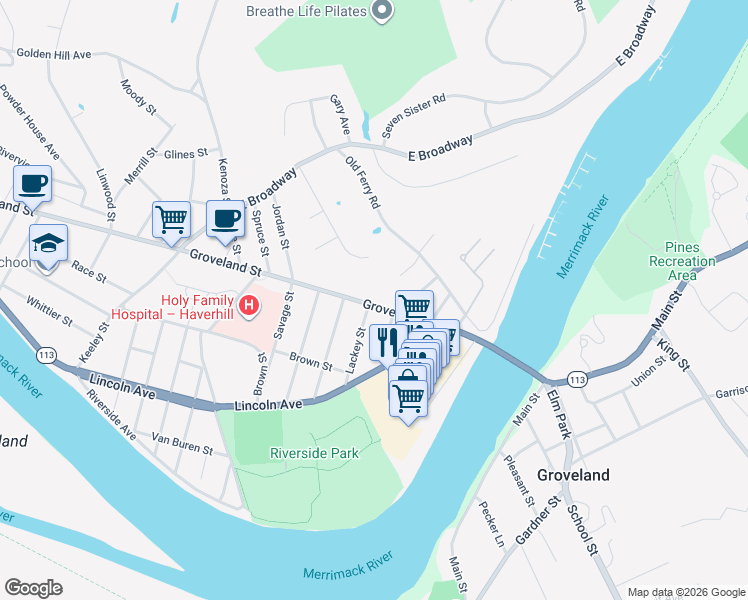map of restaurants, bars, coffee shops, grocery stores, and more near 21 Wedgewood Drive in Haverhill