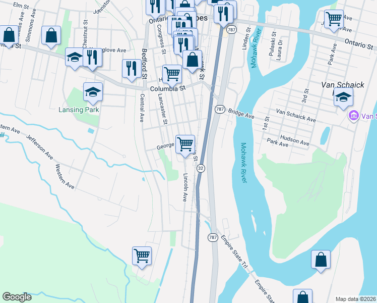 map of restaurants, bars, coffee shops, grocery stores, and more near 180 Congress Street in Cohoes
