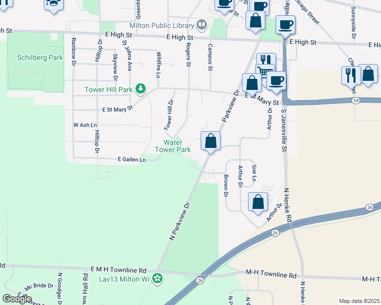 map of restaurants, bars, coffee shops, grocery stores, and more near 392 Woodcrest Lane in Milton