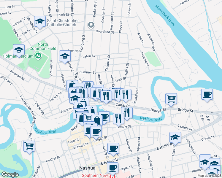 map of restaurants, bars, coffee shops, grocery stores, and more near 22 Cross Street in Nashua