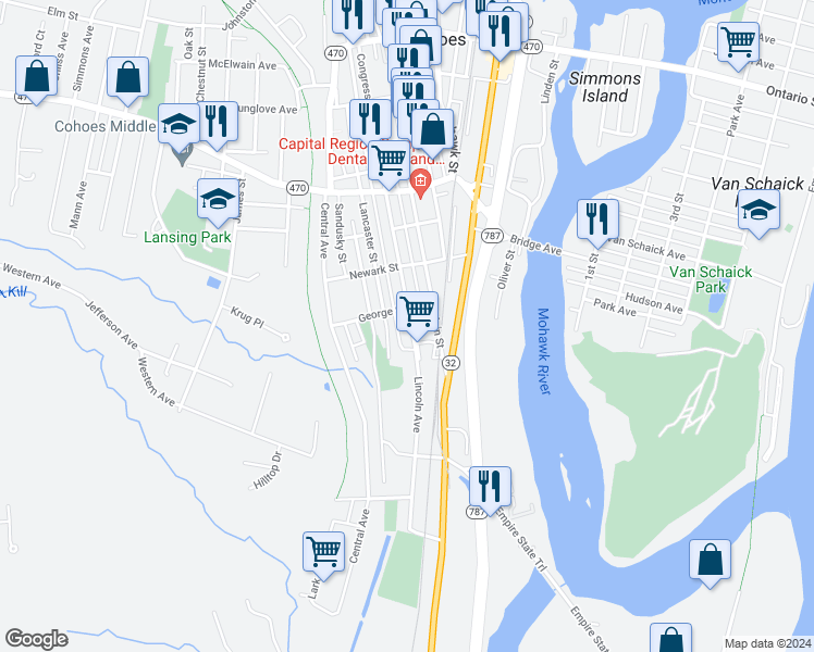 map of restaurants, bars, coffee shops, grocery stores, and more near 180 Congress Street in Cohoes