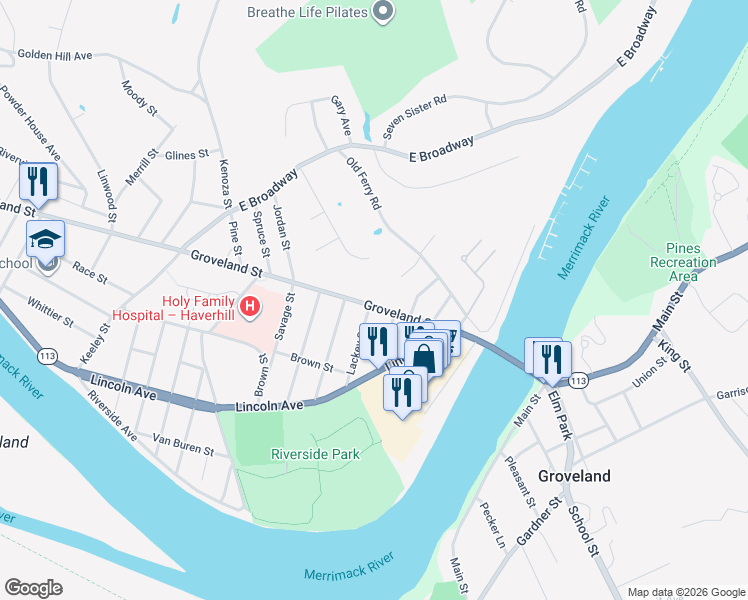 map of restaurants, bars, coffee shops, grocery stores, and more near 21 Wedgewood Drive in Haverhill