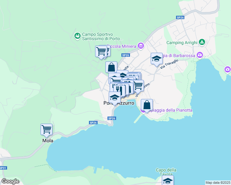 map of restaurants, bars, coffee shops, grocery stores, and more near 32 Viale Italia in Porto Azzurro