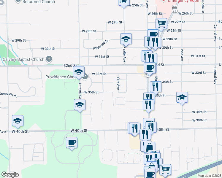 map of restaurants, bars, coffee shops, grocery stores, and more near 340 West 34th Street in Holland