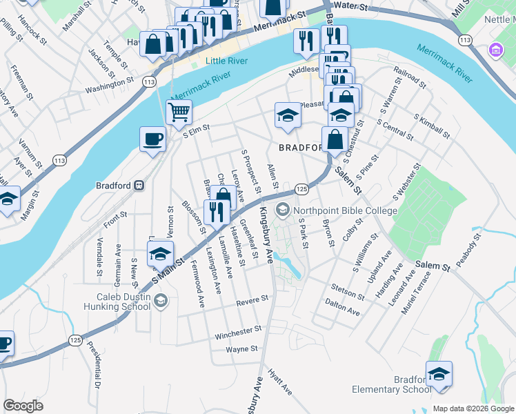 map of restaurants, bars, coffee shops, grocery stores, and more near 350 South Main Street in Haverhill
