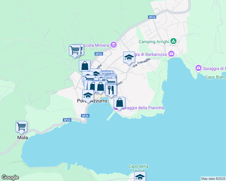 map of restaurants, bars, coffee shops, grocery stores, and more near 36 Via Solferino in Porto Azzurro