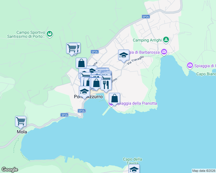 map of restaurants, bars, coffee shops, grocery stores, and more near 7 Vicolo del Calvario in Porto Azzurro