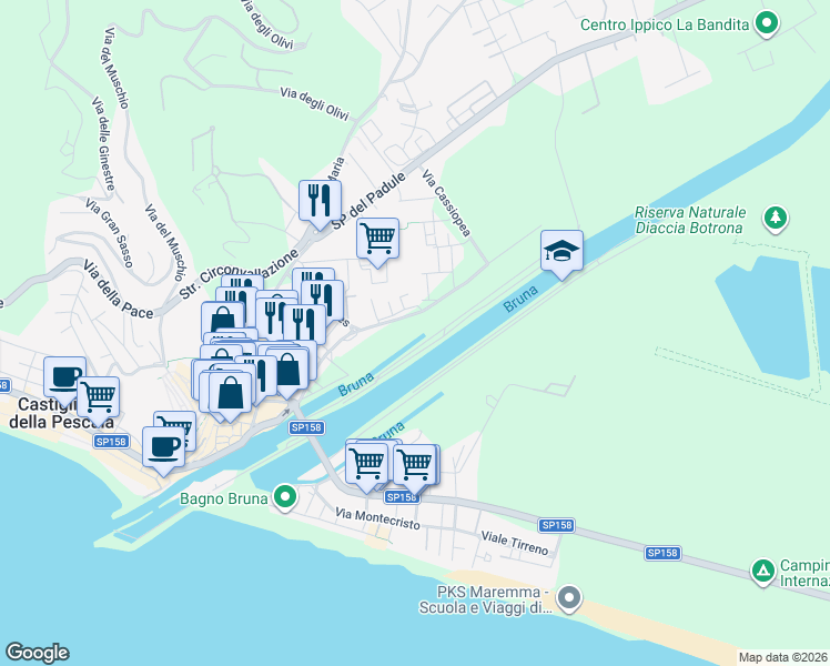 map of restaurants, bars, coffee shops, grocery stores, and more near 3 Via Orsa Maggiore in Castiglione della Pescaia