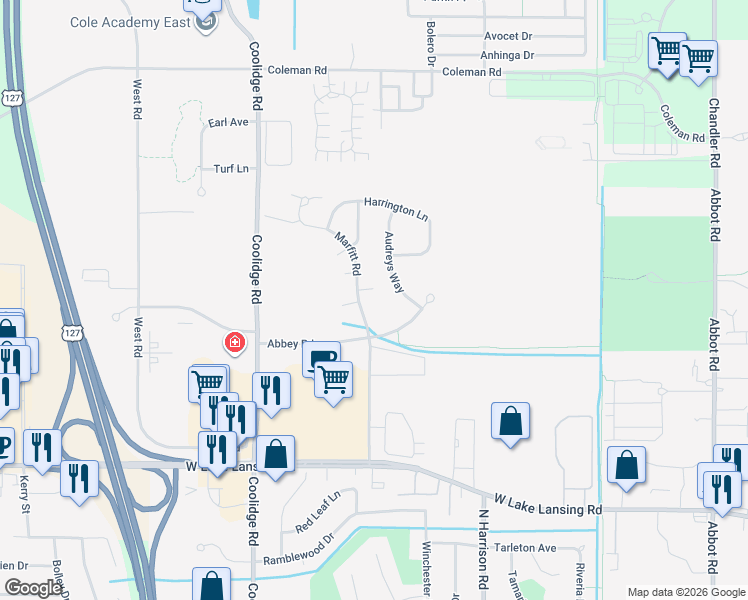 map of restaurants, bars, coffee shops, grocery stores, and more near 2700 Marfitt Road in East Lansing