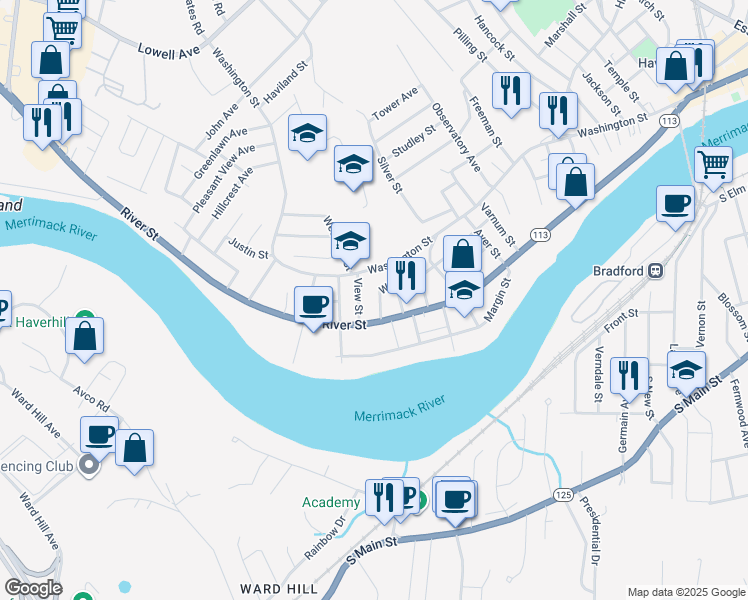 map of restaurants, bars, coffee shops, grocery stores, and more near 189 Wilson Street in Haverhill
