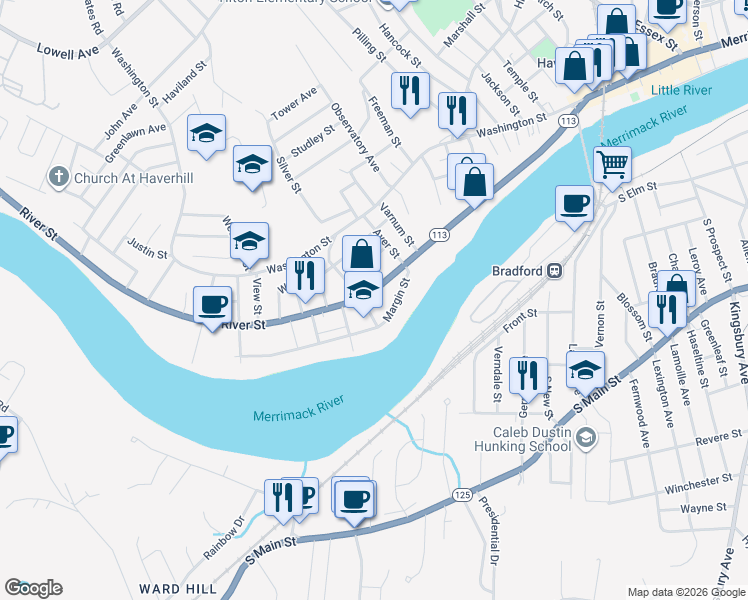 map of restaurants, bars, coffee shops, grocery stores, and more near 348 Massachusetts 113 in Haverhill