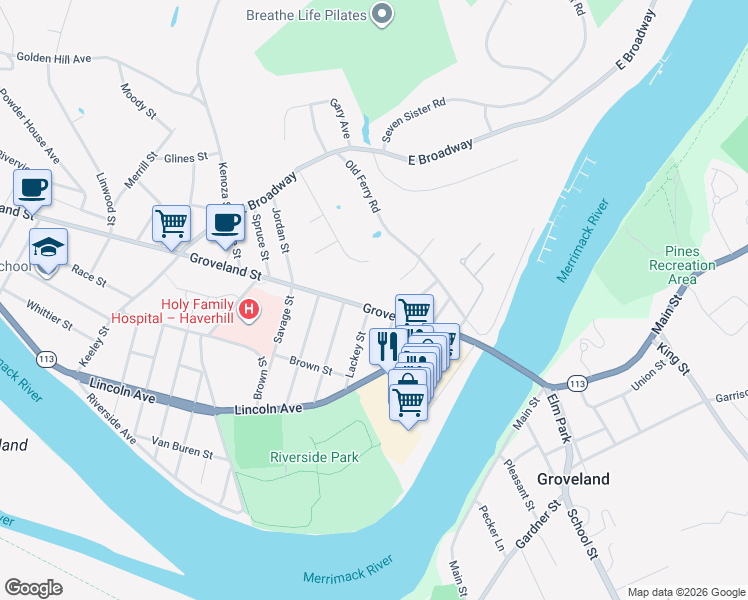 map of restaurants, bars, coffee shops, grocery stores, and more near 21 Wedgewood Drive in Haverhill