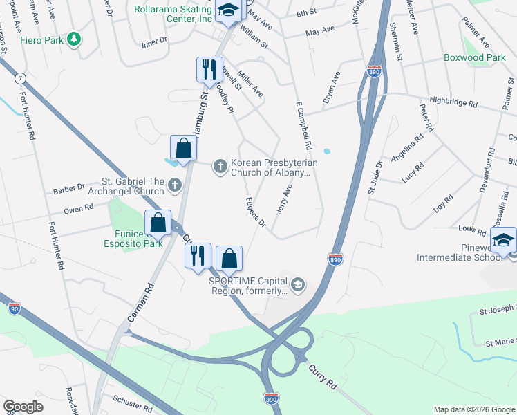 map of restaurants, bars, coffee shops, grocery stores, and more near 1018 Riggi Avenue in Schenectady