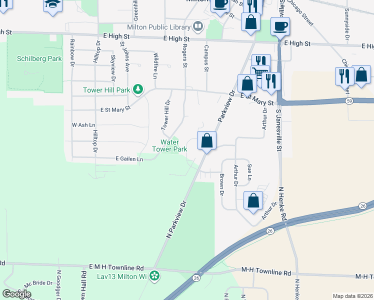 map of restaurants, bars, coffee shops, grocery stores, and more near 392 Woodcrest Lane in Milton