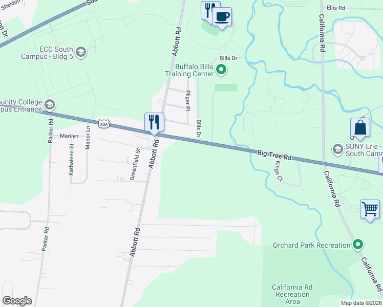 map of restaurants, bars, coffee shops, grocery stores, and more near 5265 Big Tree Rd in Orchard Park