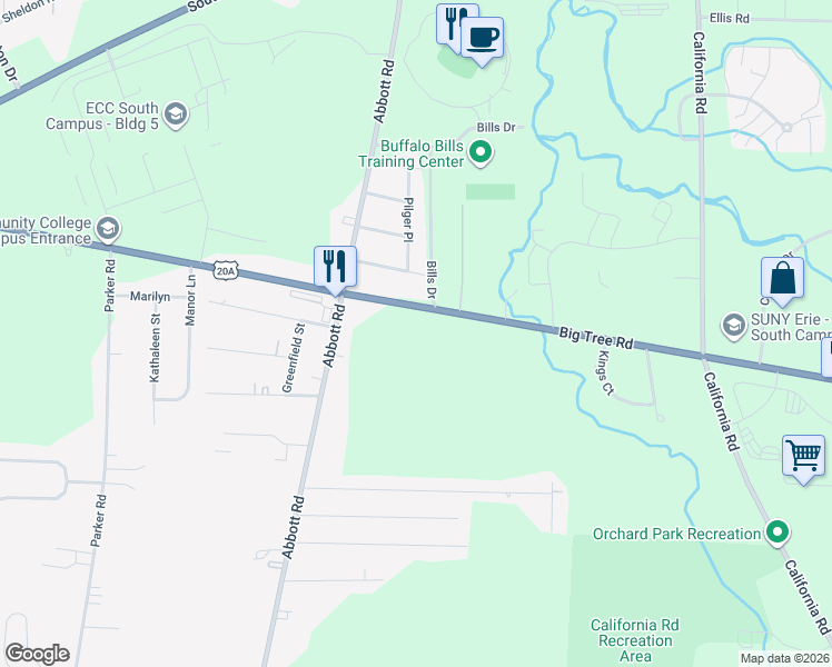 map of restaurants, bars, coffee shops, grocery stores, and more near 5265 Big Tree Road in Orchard Park