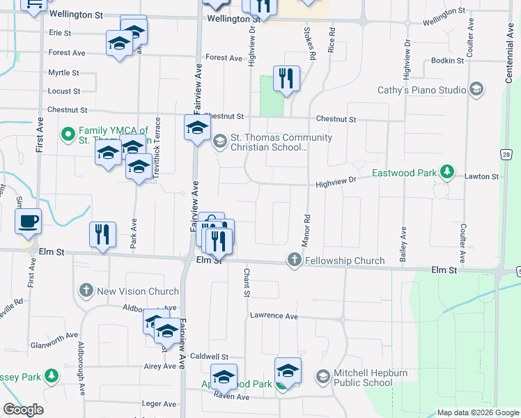 map of restaurants, bars, coffee shops, grocery stores, and more near 85 Vanbuskirk Drive in St. Thomas