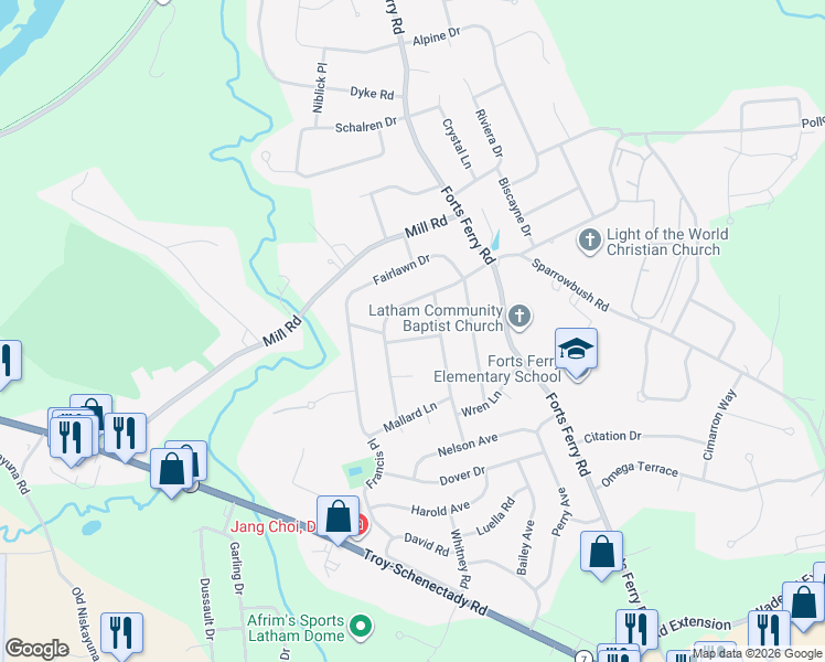 map of restaurants, bars, coffee shops, grocery stores, and more near 20 Sparrowbush Road South in Latham