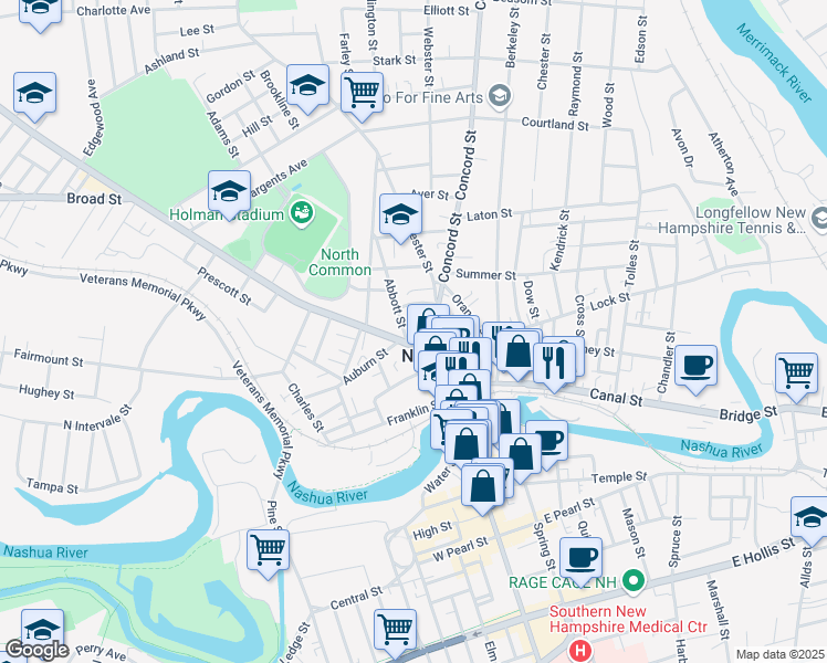 map of restaurants, bars, coffee shops, grocery stores, and more near 1 Abbott Street in Nashua