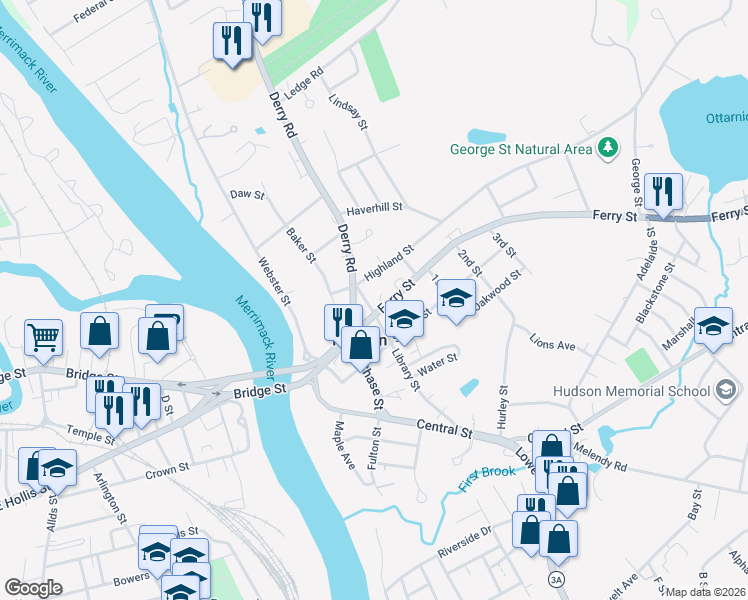map of restaurants, bars, coffee shops, grocery stores, and more near 3 Highland Street in Hudson