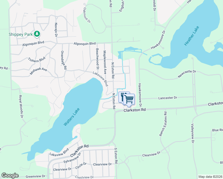 map of restaurants, bars, coffee shops, grocery stores, and more near 8665 North Eston Road in Clarkston