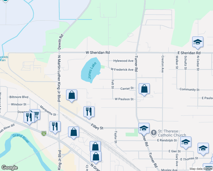 map of restaurants, bars, coffee shops, grocery stores, and more near 3221 Felt Street in Lansing