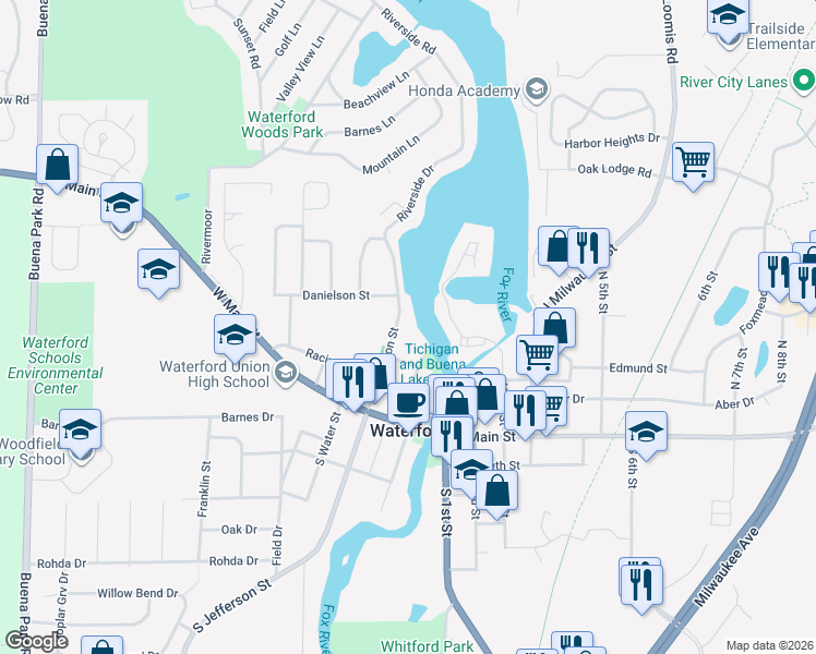 map of restaurants, bars, coffee shops, grocery stores, and more near 317 Riverside Drive in Waterford