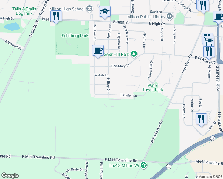 map of restaurants, bars, coffee shops, grocery stores, and more near 7 West Evergreen Lane in Milton