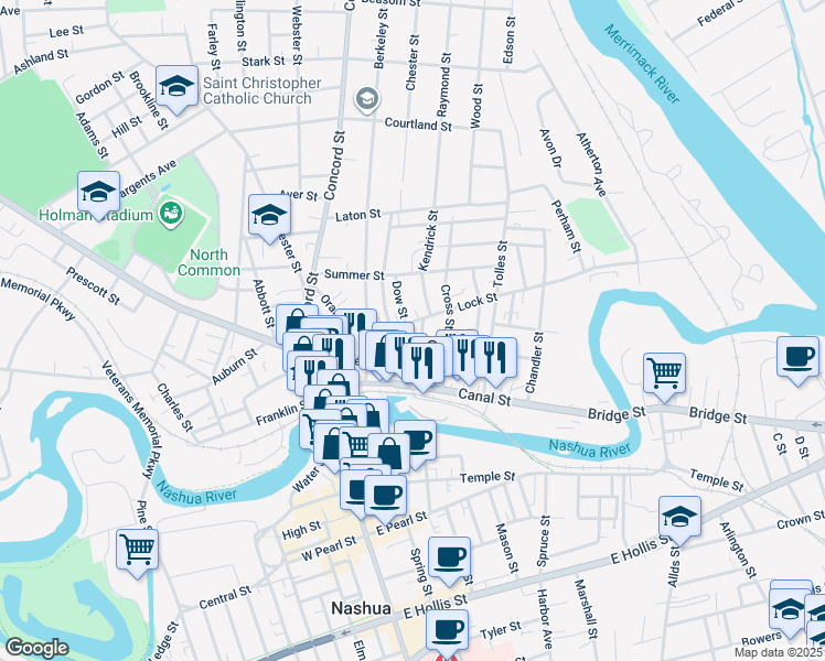 map of restaurants, bars, coffee shops, grocery stores, and more near 40 Lock Street in Nashua