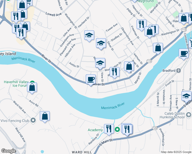 map of restaurants, bars, coffee shops, grocery stores, and more near 566 Washington Street in Haverhill