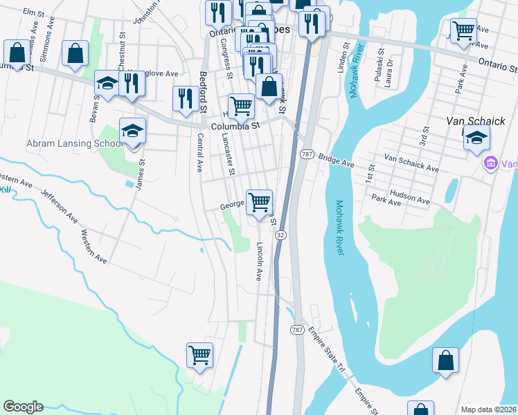 map of restaurants, bars, coffee shops, grocery stores, and more near 180 Congress Street in Cohoes