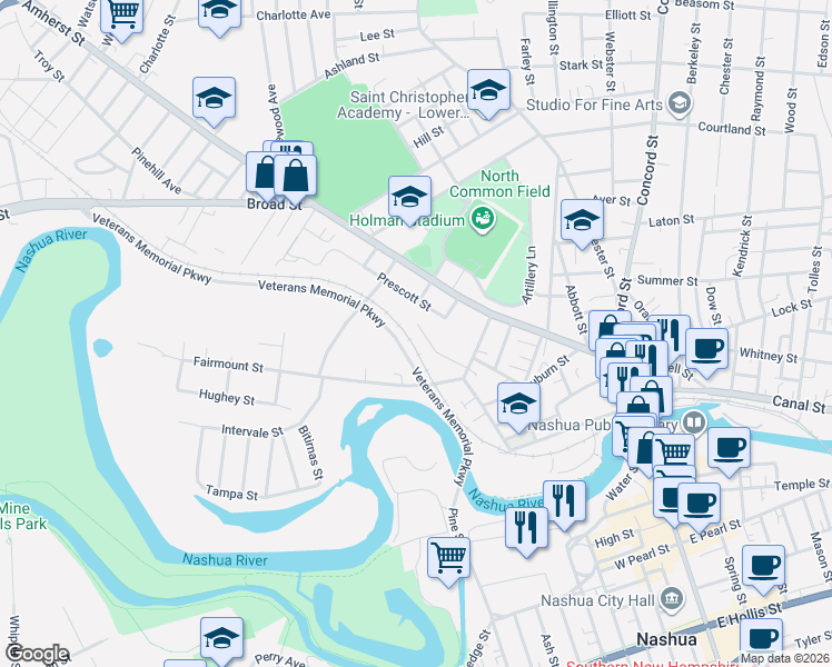 map of restaurants, bars, coffee shops, grocery stores, and more near 33 Paxton Terrace in Nashua