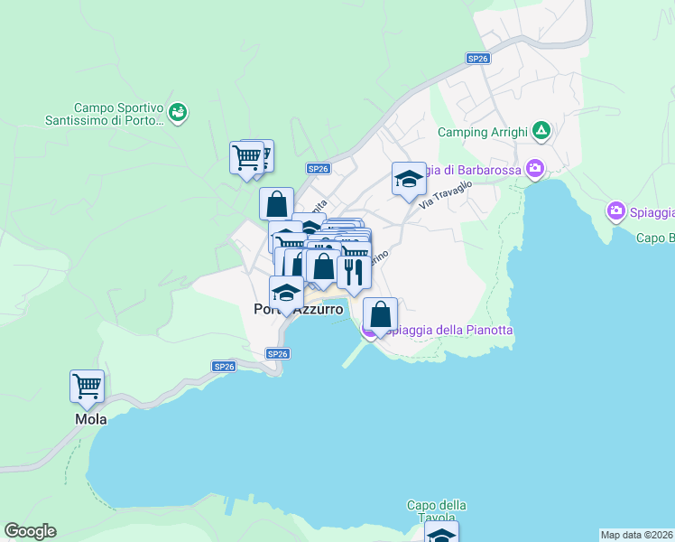 map of restaurants, bars, coffee shops, grocery stores, and more near 7 Vicolo del Calvario in Porto Azzurro