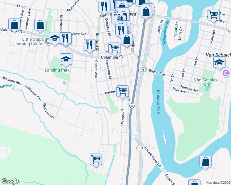 map of restaurants, bars, coffee shops, grocery stores, and more near 157 Lancaster Street in Cohoes