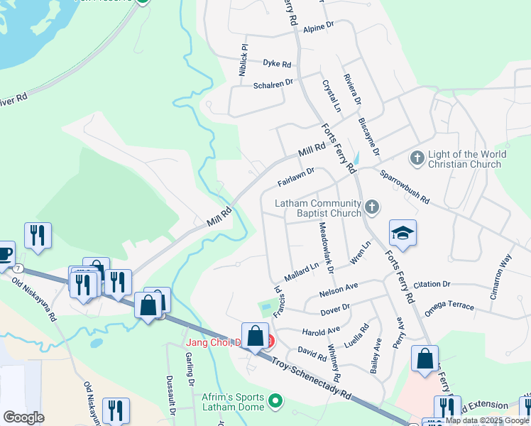map of restaurants, bars, coffee shops, grocery stores, and more near 1 Flicker Drive in Latham