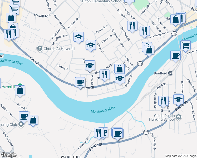 map of restaurants, bars, coffee shops, grocery stores, and more near 189 Wilson Street in Haverhill