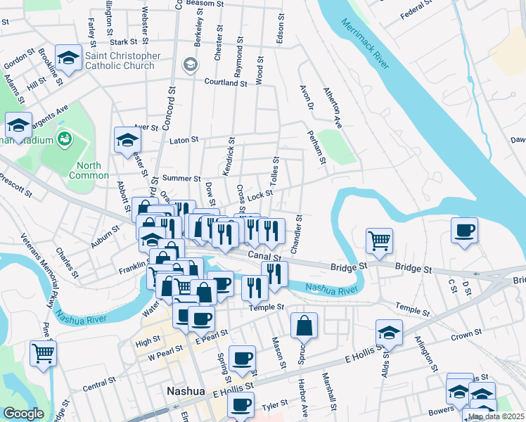 map of restaurants, bars, coffee shops, grocery stores, and more near 92 Tolles Street in Nashua