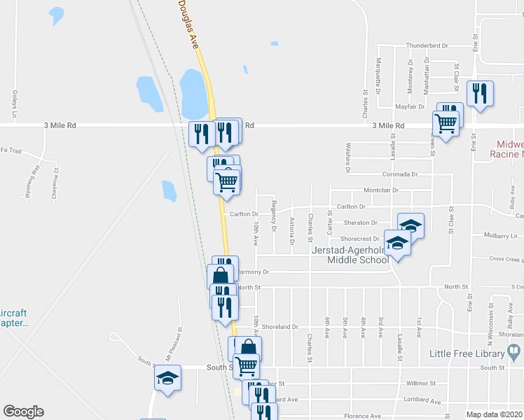 map of restaurants, bars, coffee shops, grocery stores, and more near 3716 Regency Drive in Racine
