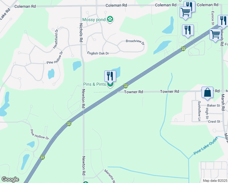 map of restaurants, bars, coffee shops, grocery stores, and more near 2118 Interstate 69 Business in Meridian Charter Township