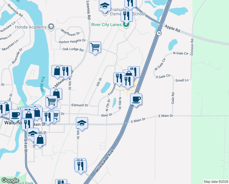 map of restaurants, bars, coffee shops, grocery stores, and more near 405 Foxmead Drive in Waterford