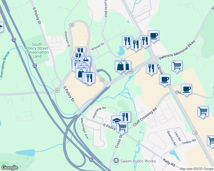map of restaurants, bars, coffee shops, grocery stores, and more near 133 Rockingham Park Boulevard in Salem