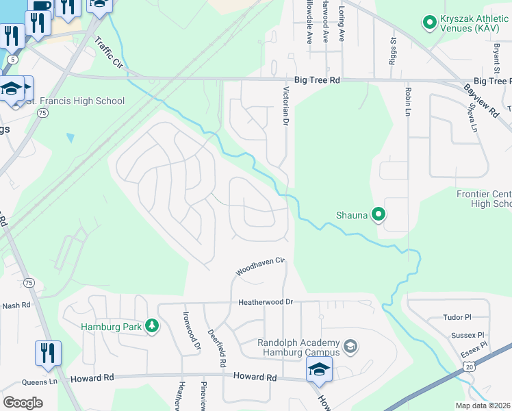 map of restaurants, bars, coffee shops, grocery stores, and more near 105 South Eaglecrest Drive in Hamburg