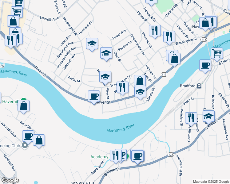 map of restaurants, bars, coffee shops, grocery stores, and more near 189 Wilson Street in Haverhill