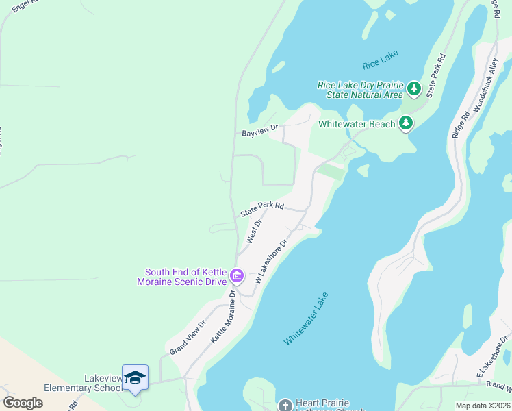 map of restaurants, bars, coffee shops, grocery stores, and more near N7561 State Park Drive in Whitewater