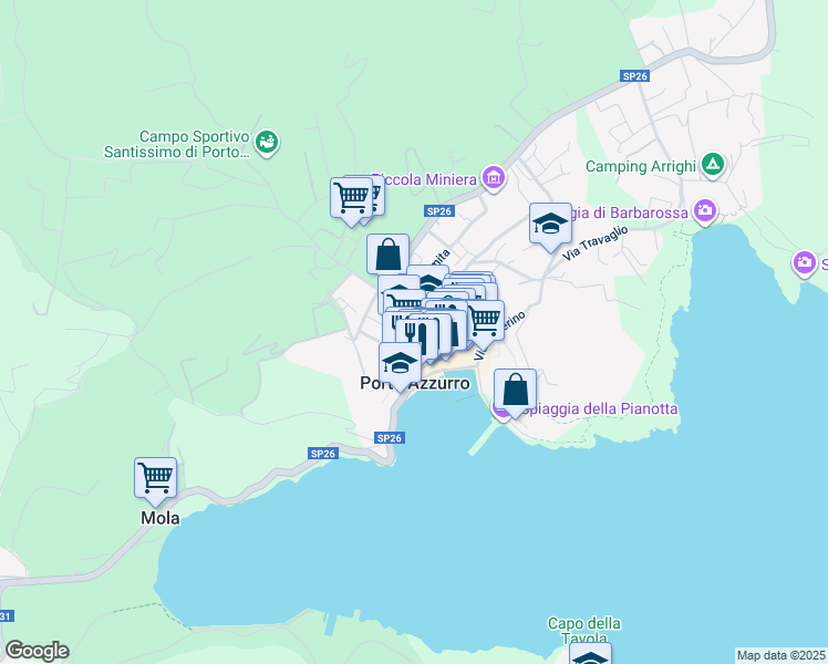 map of restaurants, bars, coffee shops, grocery stores, and more near 28 Via Guglielmo Marconi in Porto Azzurro