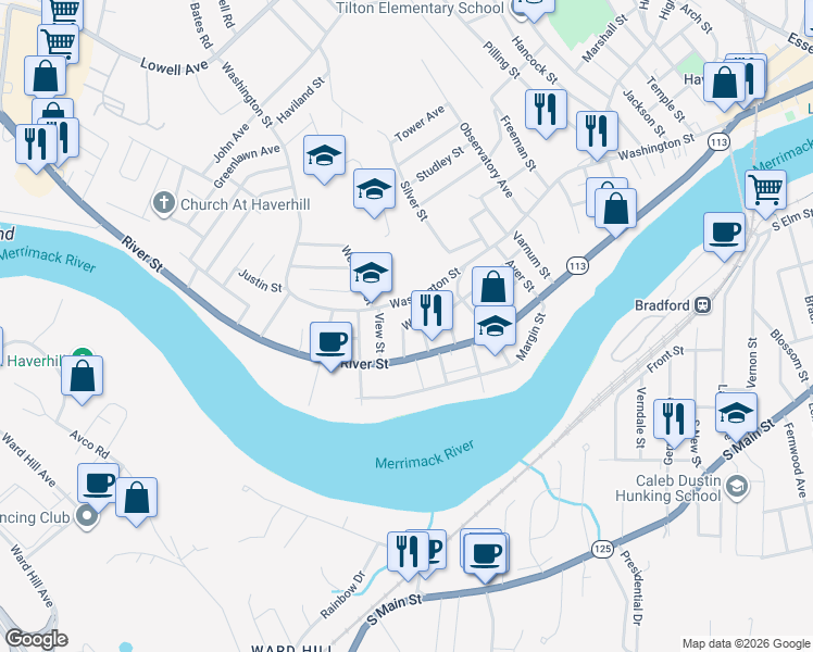 map of restaurants, bars, coffee shops, grocery stores, and more near 189 Wilson Street in Haverhill