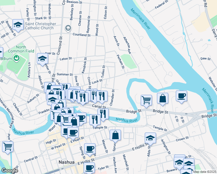 map of restaurants, bars, coffee shops, grocery stores, and more near 54 Chandler Street in Nashua