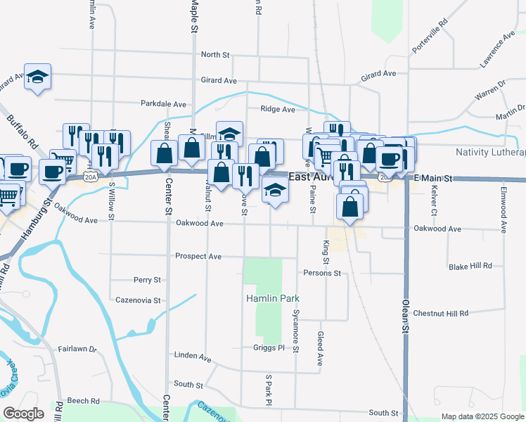 map of restaurants, bars, coffee shops, grocery stores, and more near 55 Park Place in East Aurora