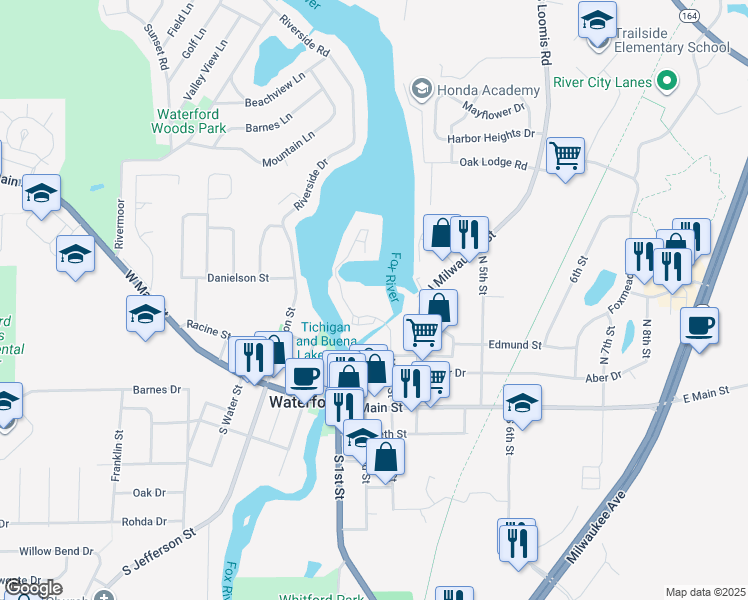 map of restaurants, bars, coffee shops, grocery stores, and more near 300 Foxwood Drive in Waterford
